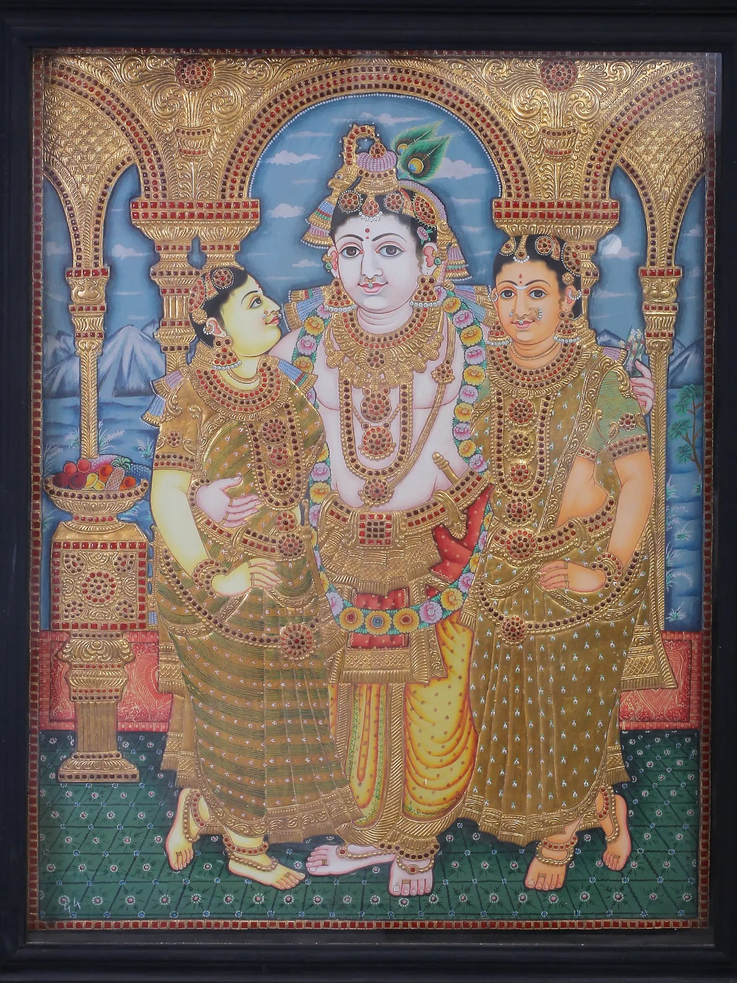Lord Krishna with Rukmani & Satyabhama | Traditional Colors with 24K Gold | Tanjore Painting with Teakwood Frame