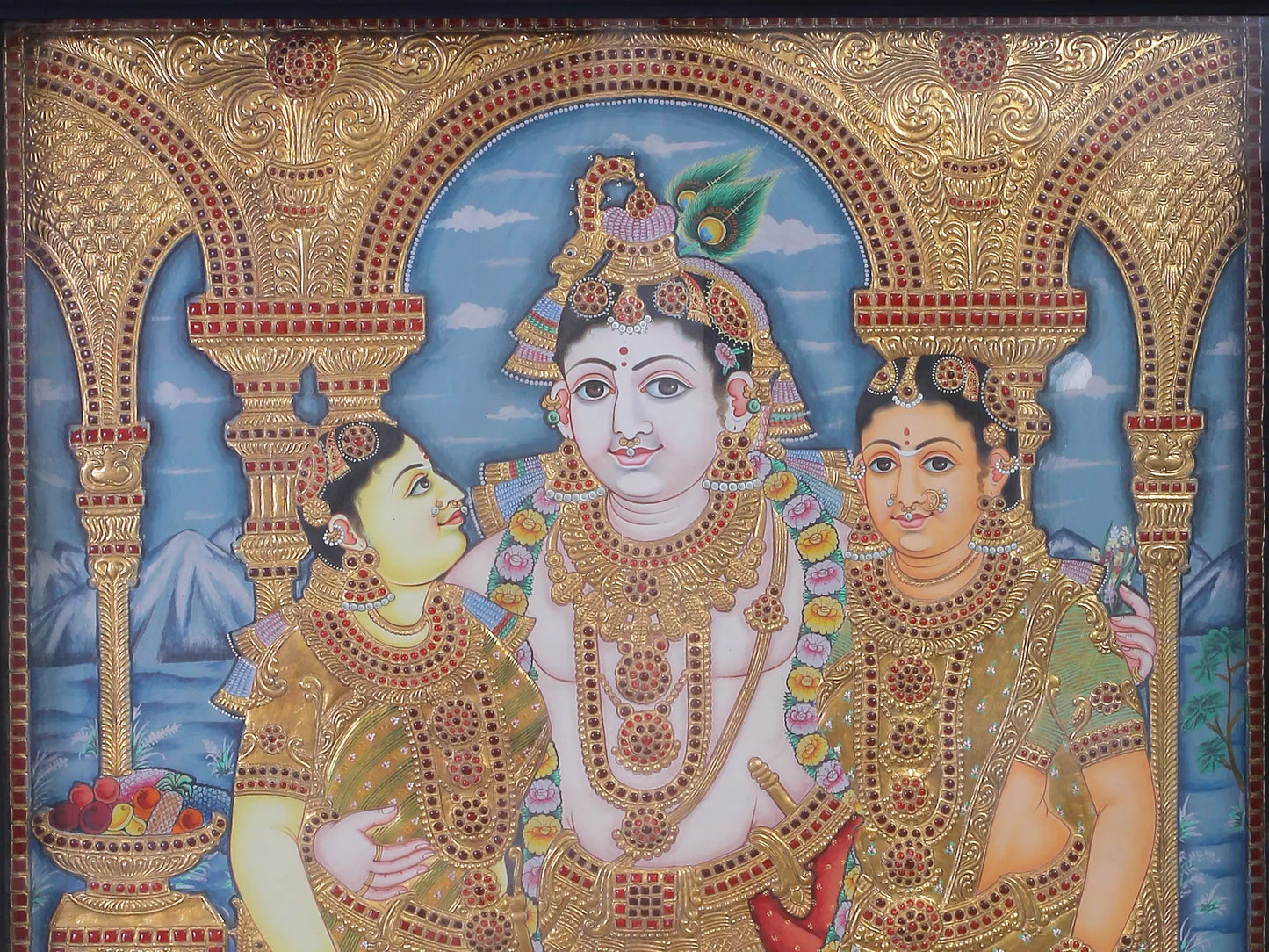 Lord Krishna with Rukmani & Satyabhama | Traditional Colors with 24K Gold | Tanjore Painting with Teakwood Frame