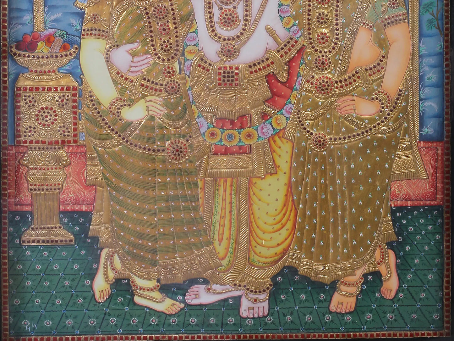 Lord Krishna with Rukmani & Satyabhama | Traditional Colors with 24K Gold | Tanjore Painting with Teakwood Frame