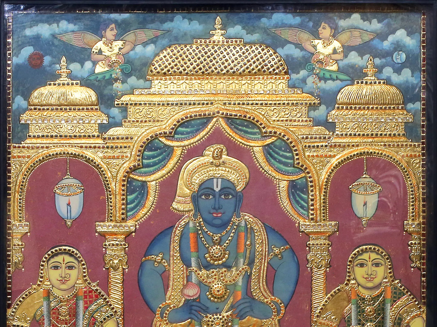 lord Krishna with Rukmini and Satyabhama Tanjore Painting | Traditional Colors With 24K Gold