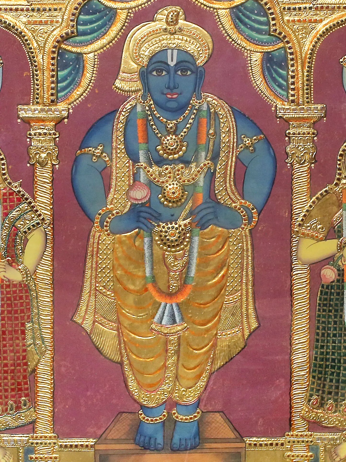 lord Krishna with Rukmini and Satyabhama Tanjore Painting | Traditional Colors With 24K Gold
