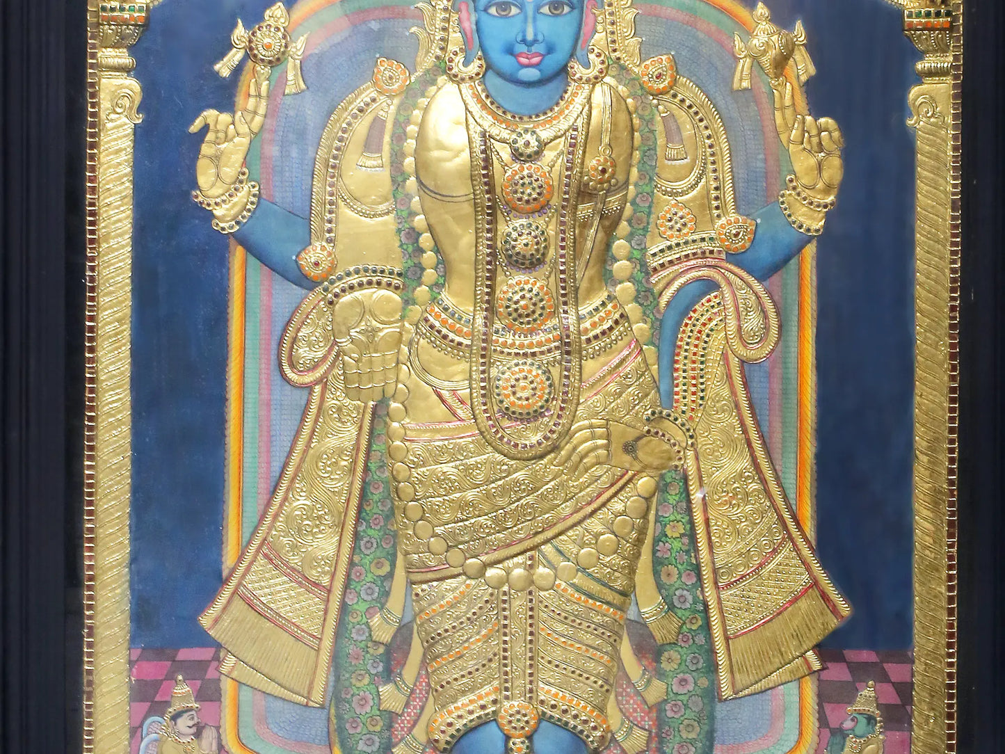 Four Armed Lord Vishnu in Standing Posture | Traditional Colors With 24K Gold | Handmade Tanjore Painting