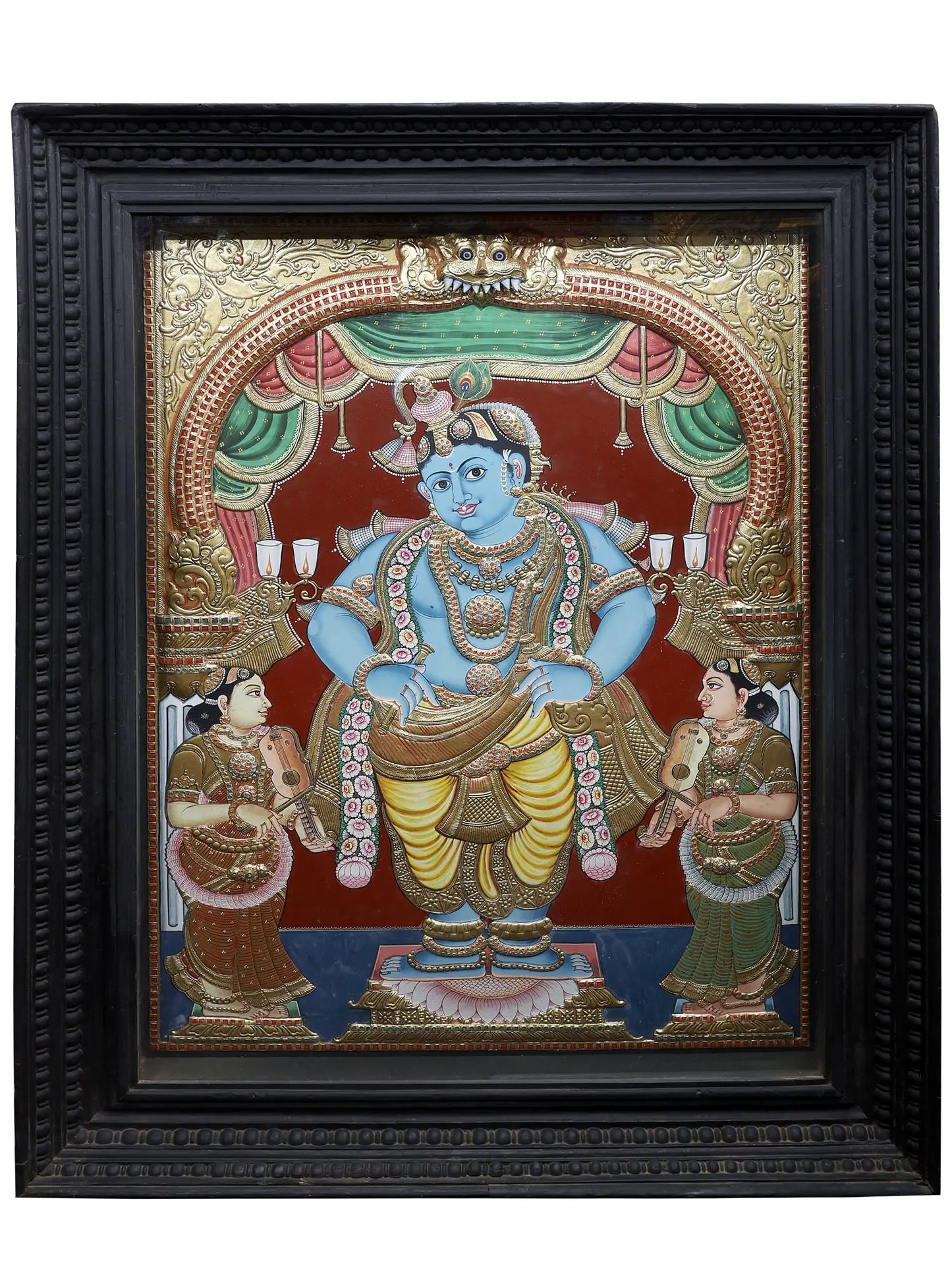 Satyabhama and Rukmani with Lord Krishna | Traditional Colors With 24K Gold | Handmade Tanjore Painting