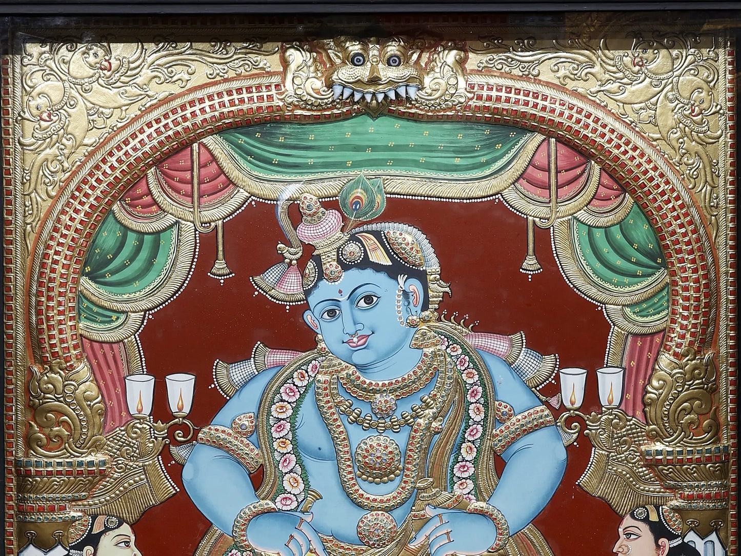Satyabhama and Rukmani with Lord Krishna | Traditional Colors With 24K Gold | Handmade Tanjore Painting