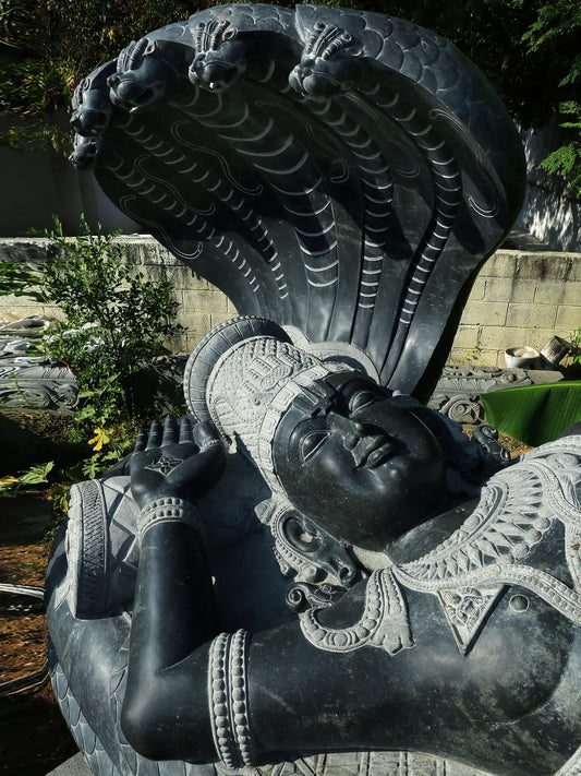167" Large Shesha-Shayi Lord Vishnu Hard Granite Stone Statue | Shipped by Sea Overseas