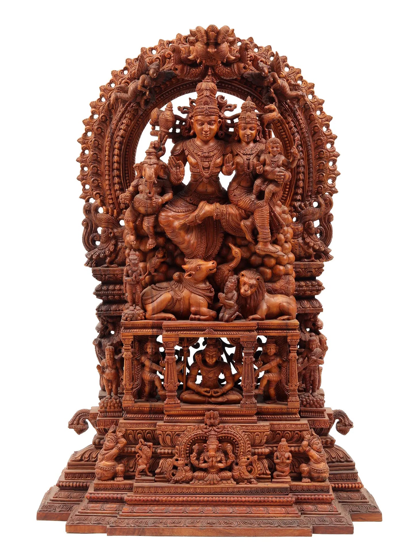 48" Shiva Family - The Universe of Bhagawan Shiva (Award Winning Sculpture) | Teakwood Statue for Temple with Carving