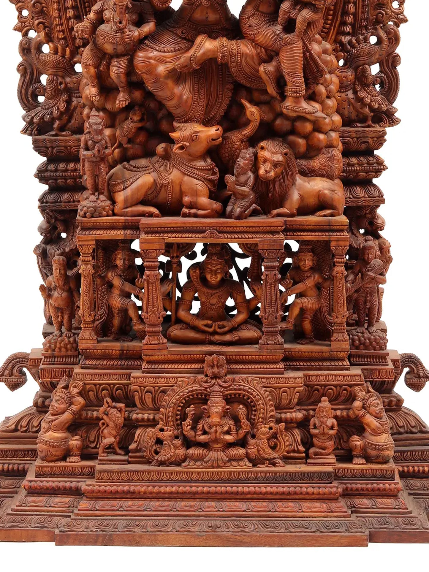 48" Shiva Family - The Universe of Bhagawan Shiva (Award Winning Sculpture) | Teakwood Statue for Temple with Carving