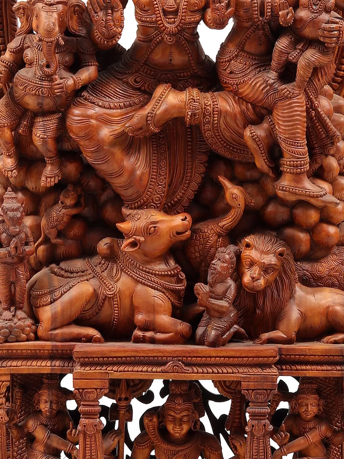 48" Shiva Family - The Universe of Bhagawan Shiva (Award Winning Sculpture) | Teakwood Statue for Temple with Carving