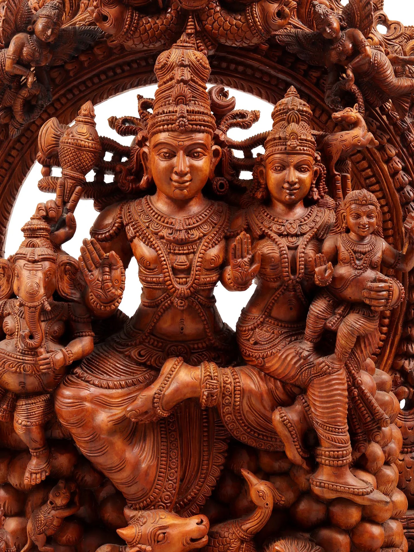 48" Shiva Family - The Universe of Bhagawan Shiva (Award Winning Sculpture) | Teakwood Statue for Temple with Carving