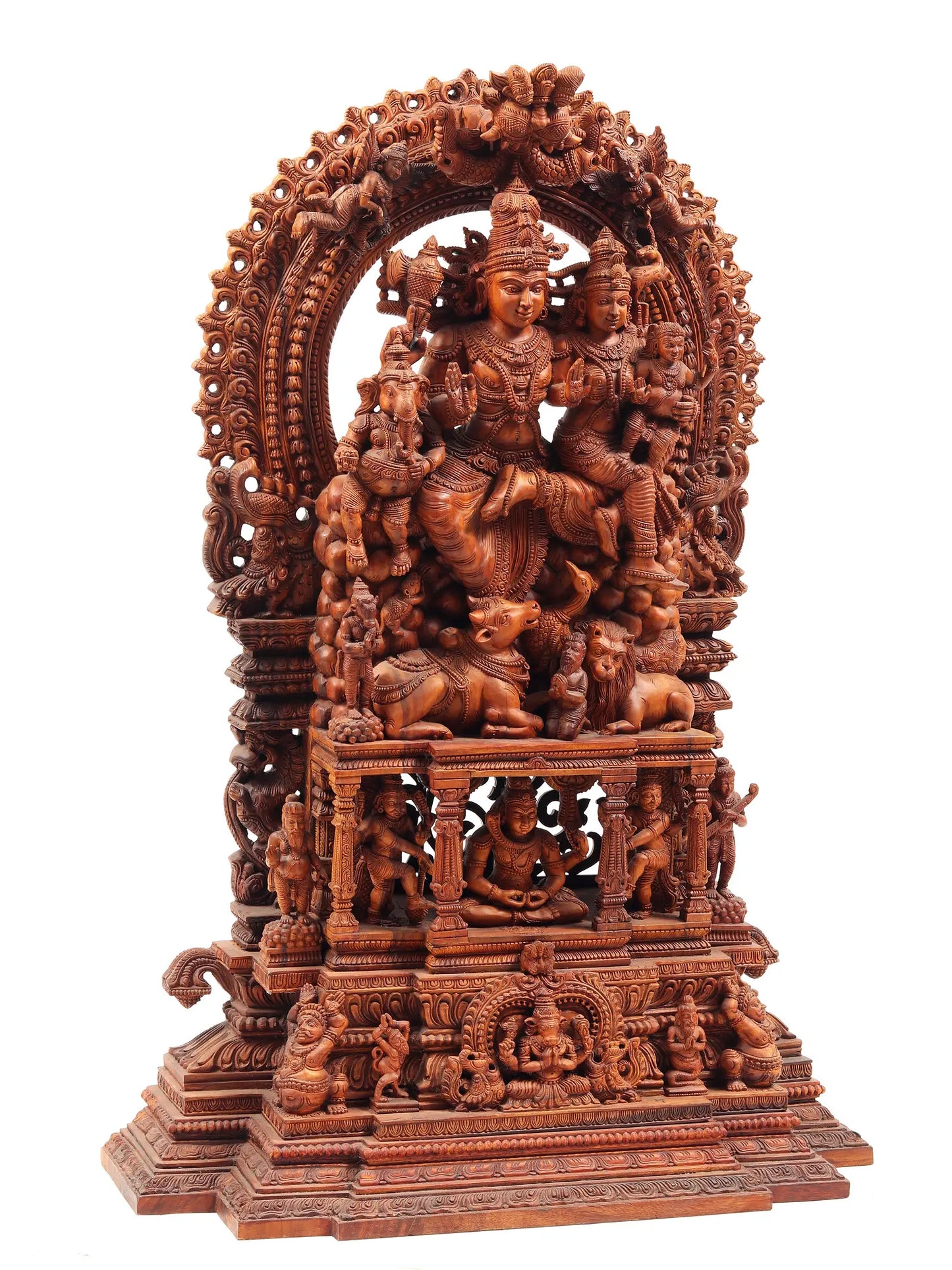 48" Shiva Family - The Universe of Bhagawan Shiva (Award Winning Sculpture) | Teakwood Statue for Temple with Carving