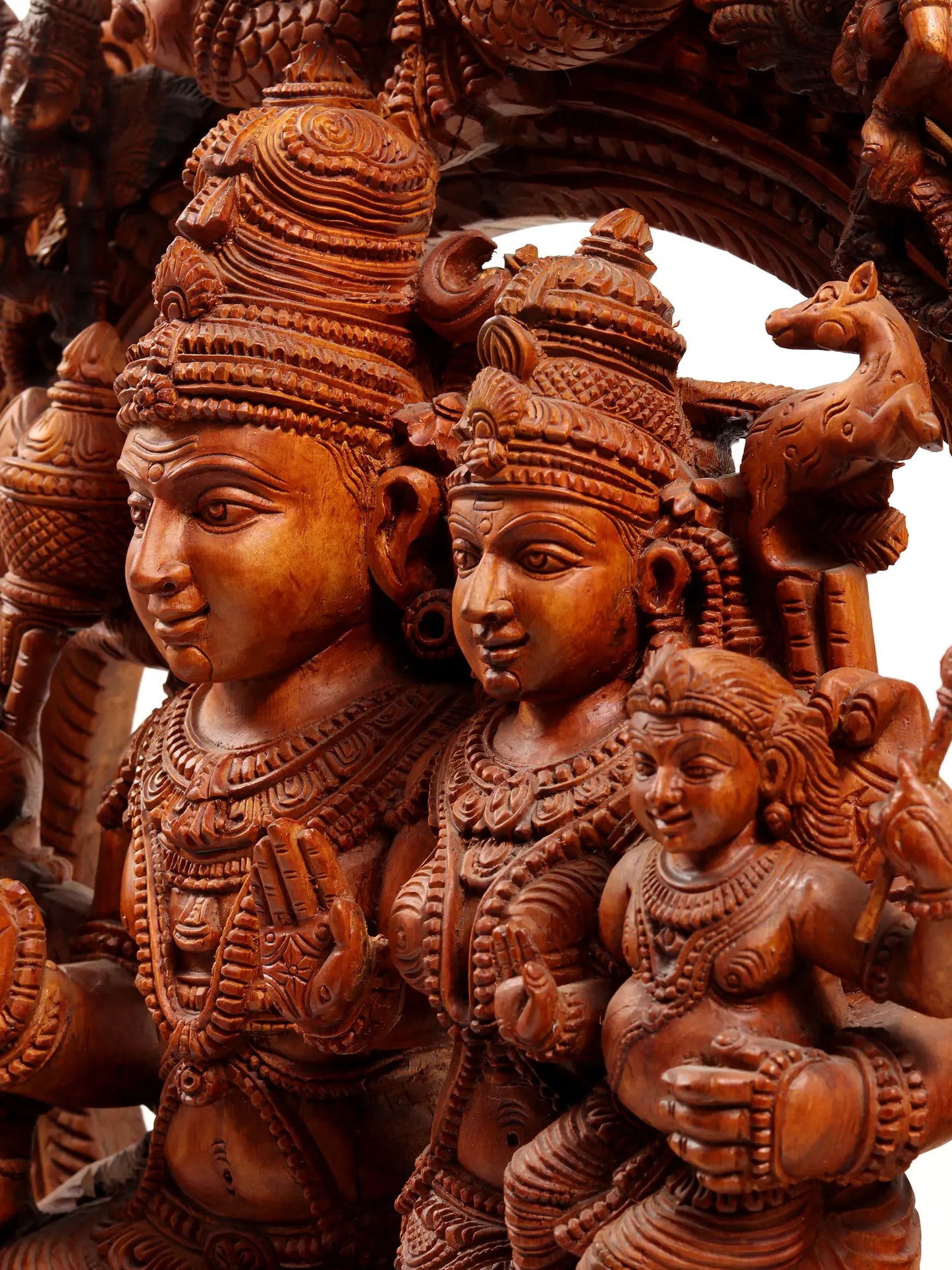 48" Shiva Family - The Universe of Bhagawan Shiva (Award Winning Sculpture) | Teakwood Statue for Temple with Carving