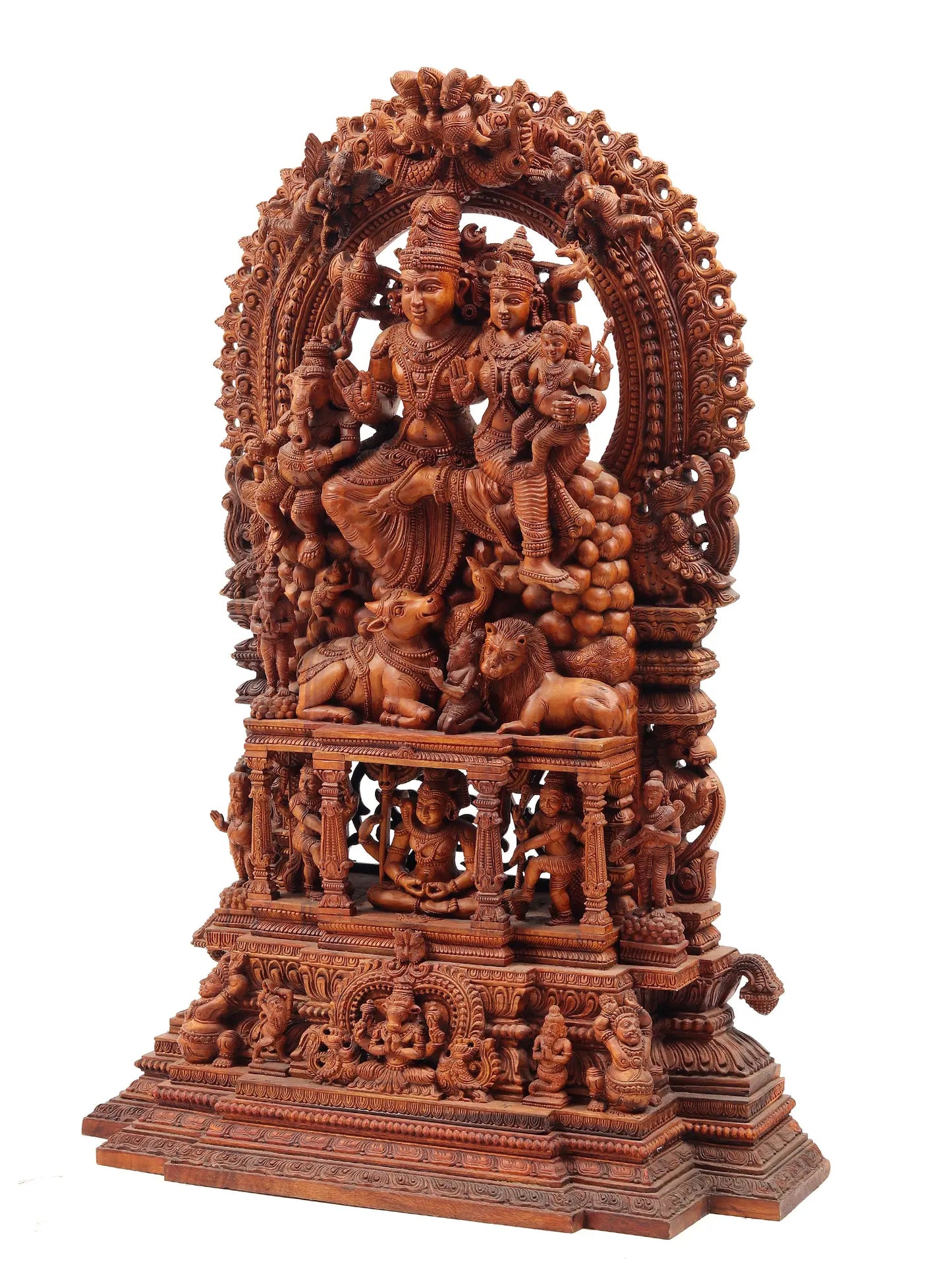 48" Shiva Family - The Universe of Bhagawan Shiva (Award Winning Sculpture) | Teakwood Statue for Temple with Carving