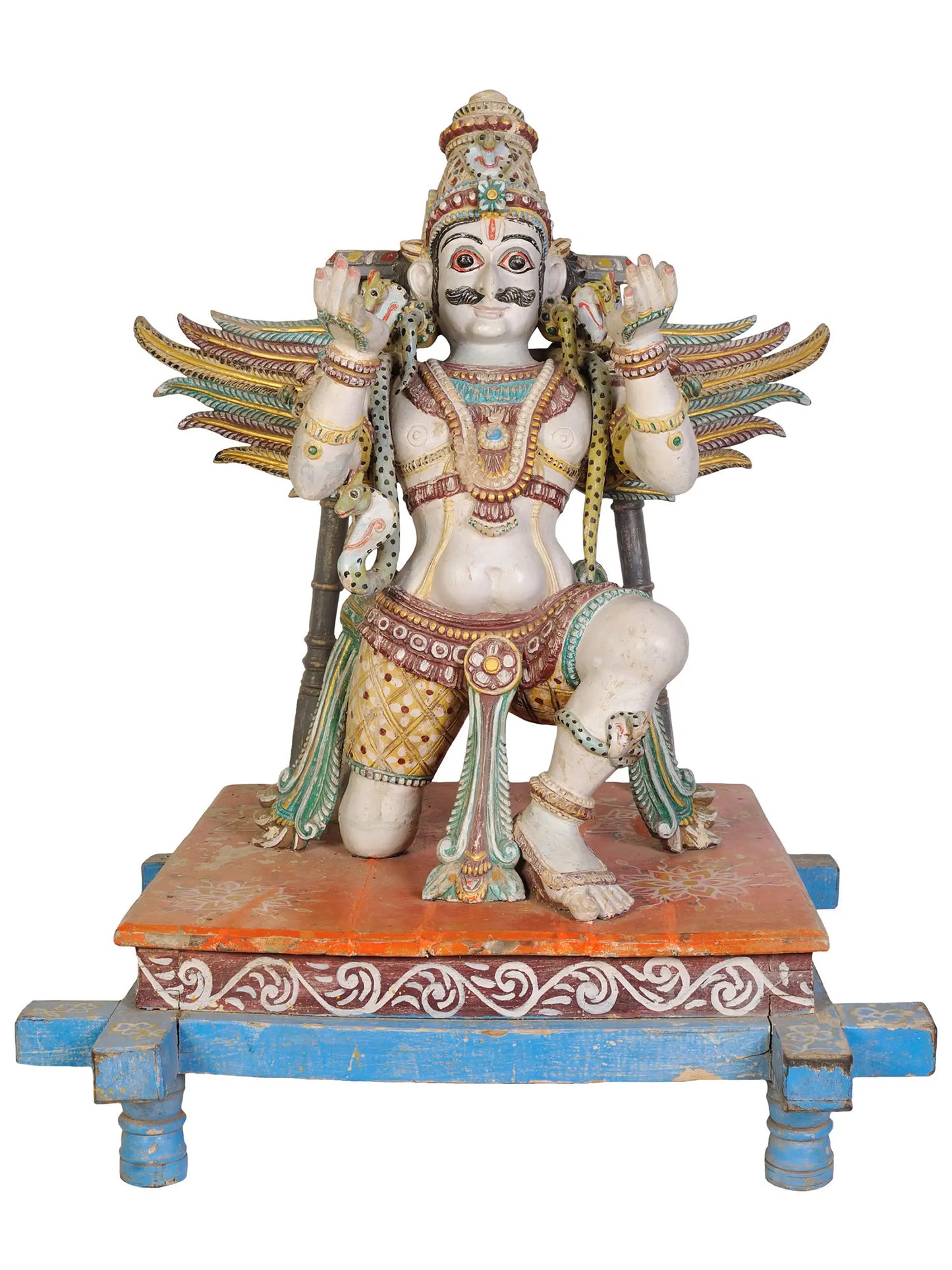 46" Large Statue of Garuda Dev with Chowki | Wood Carved Figurine for Temple