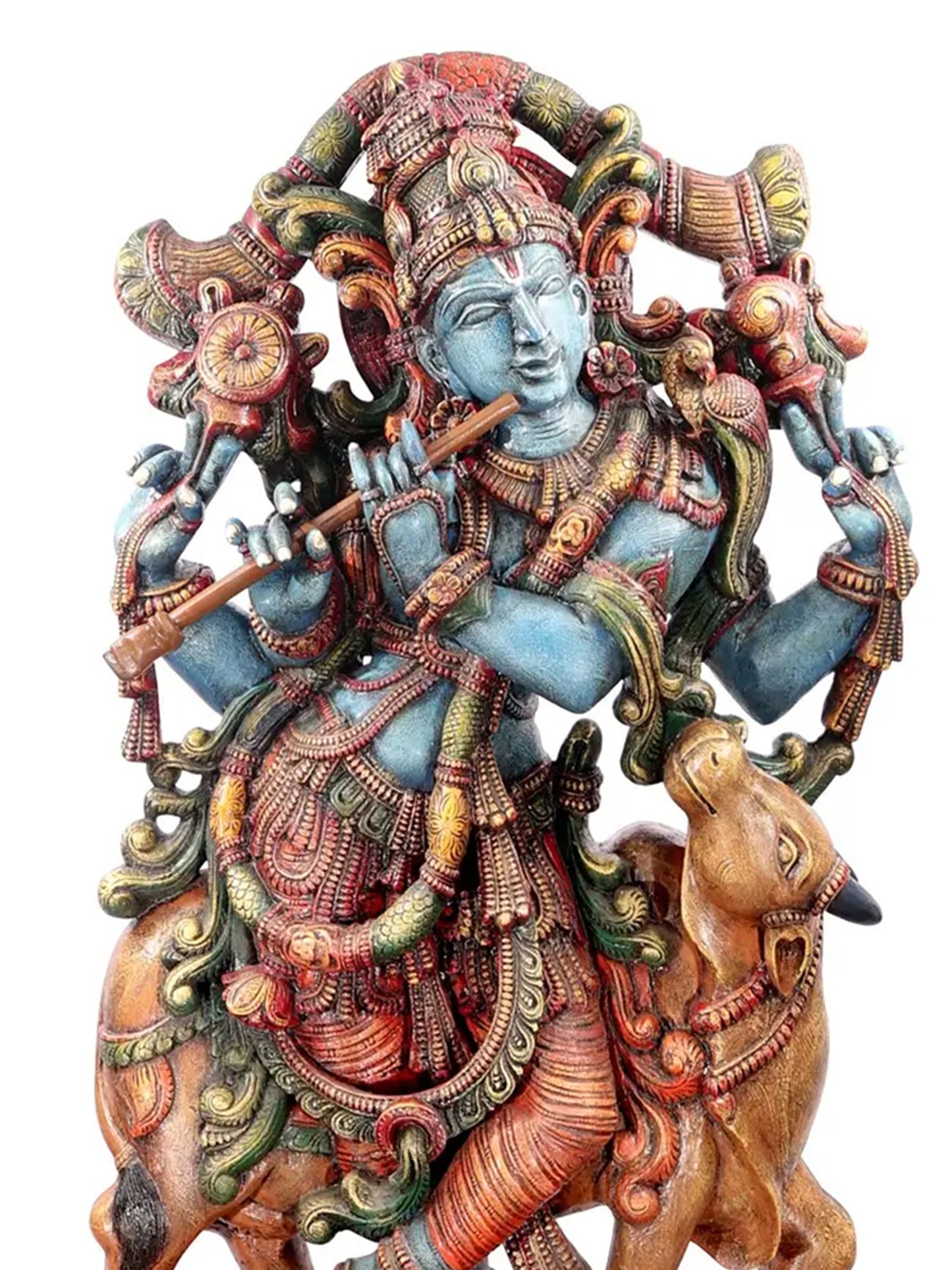 82" Blue-Hued Krishna Charms with His Flute and Cow | Wood Carved Sculpture for Temple