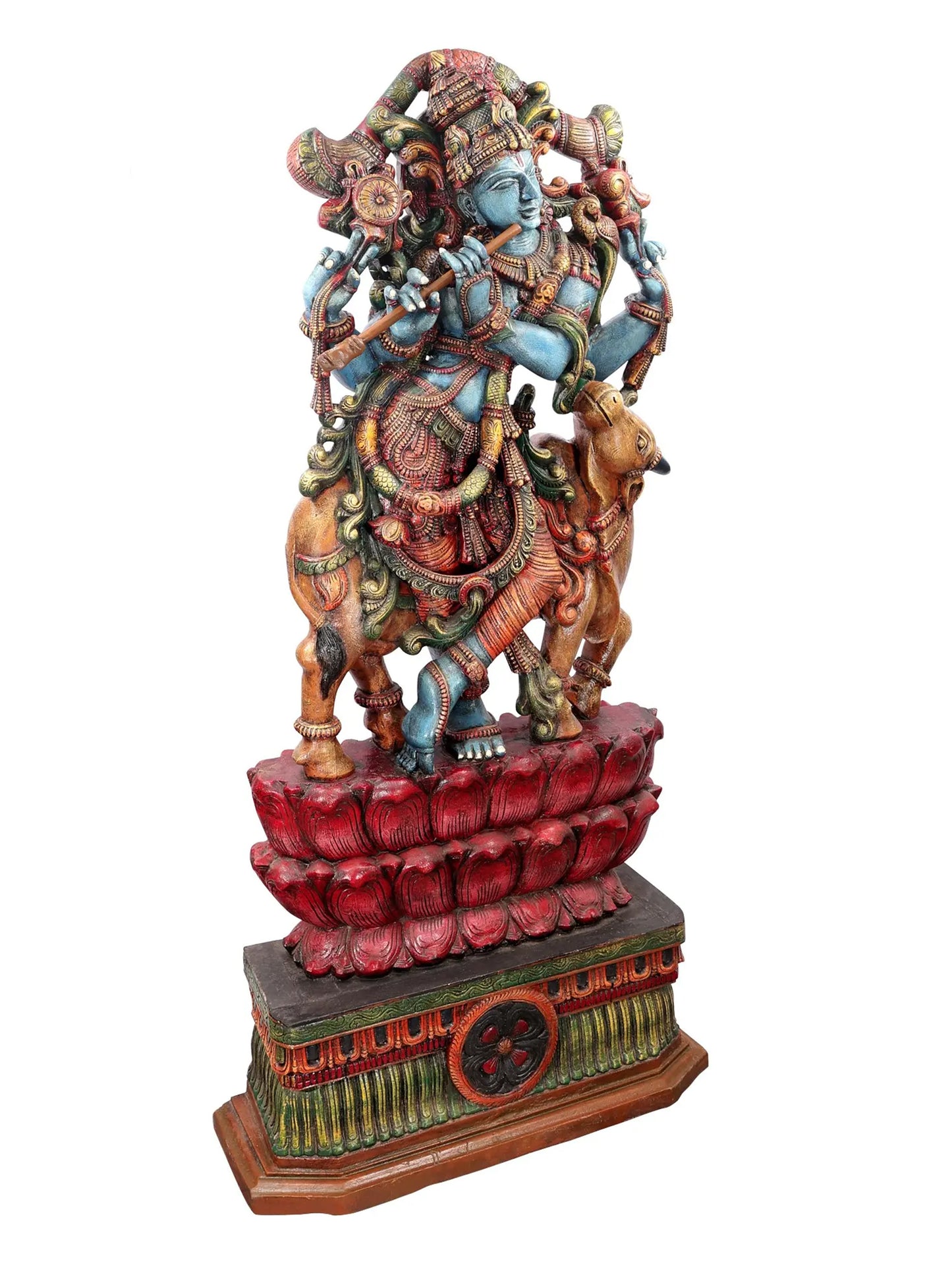 82" Blue-Hued Krishna Charms with His Flute and Cow | Wood Carved Sculpture for Temple