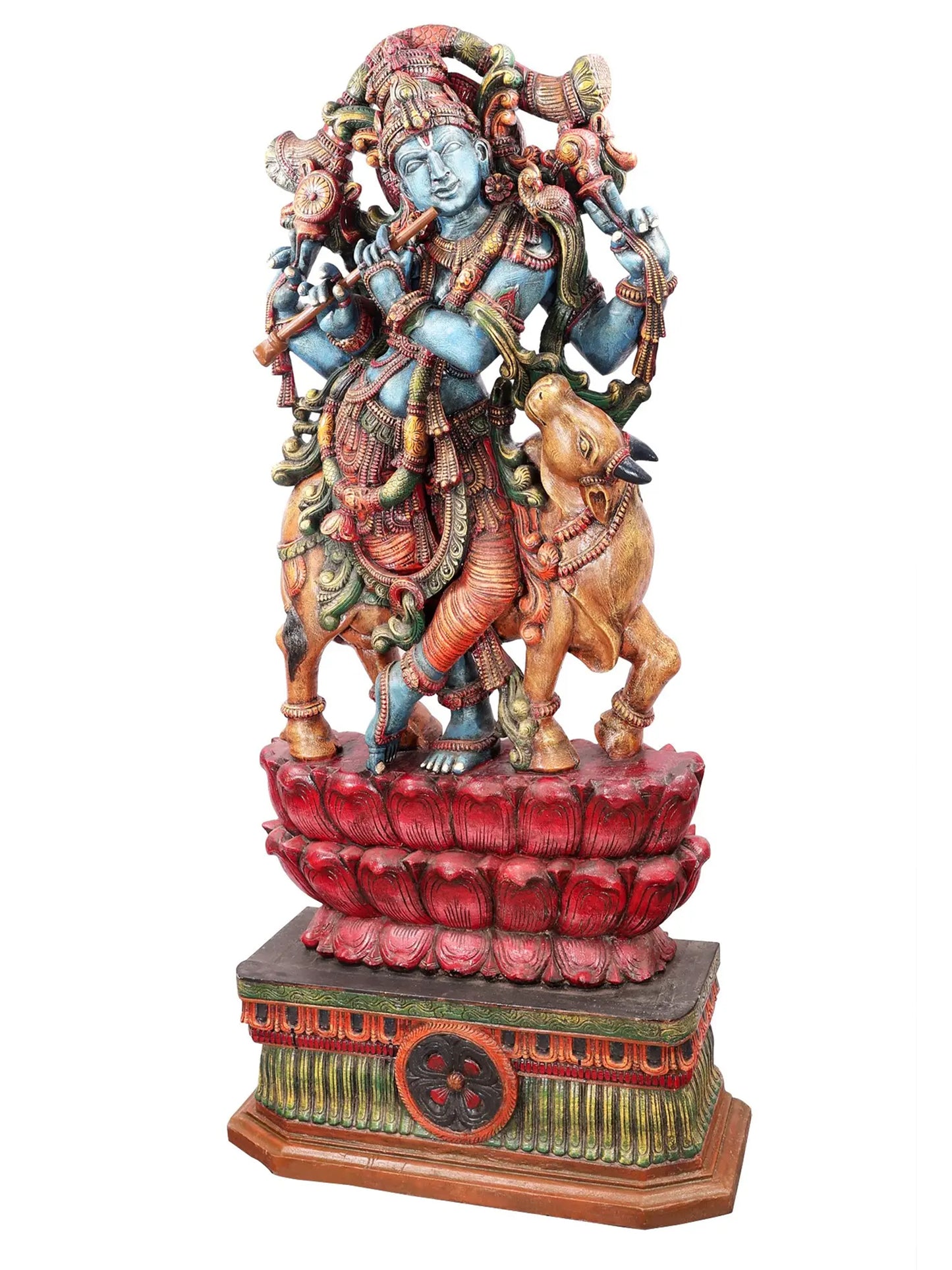 82" Blue-Hued Krishna Charms with His Flute and Cow | Wood Carved Sculpture for Temple