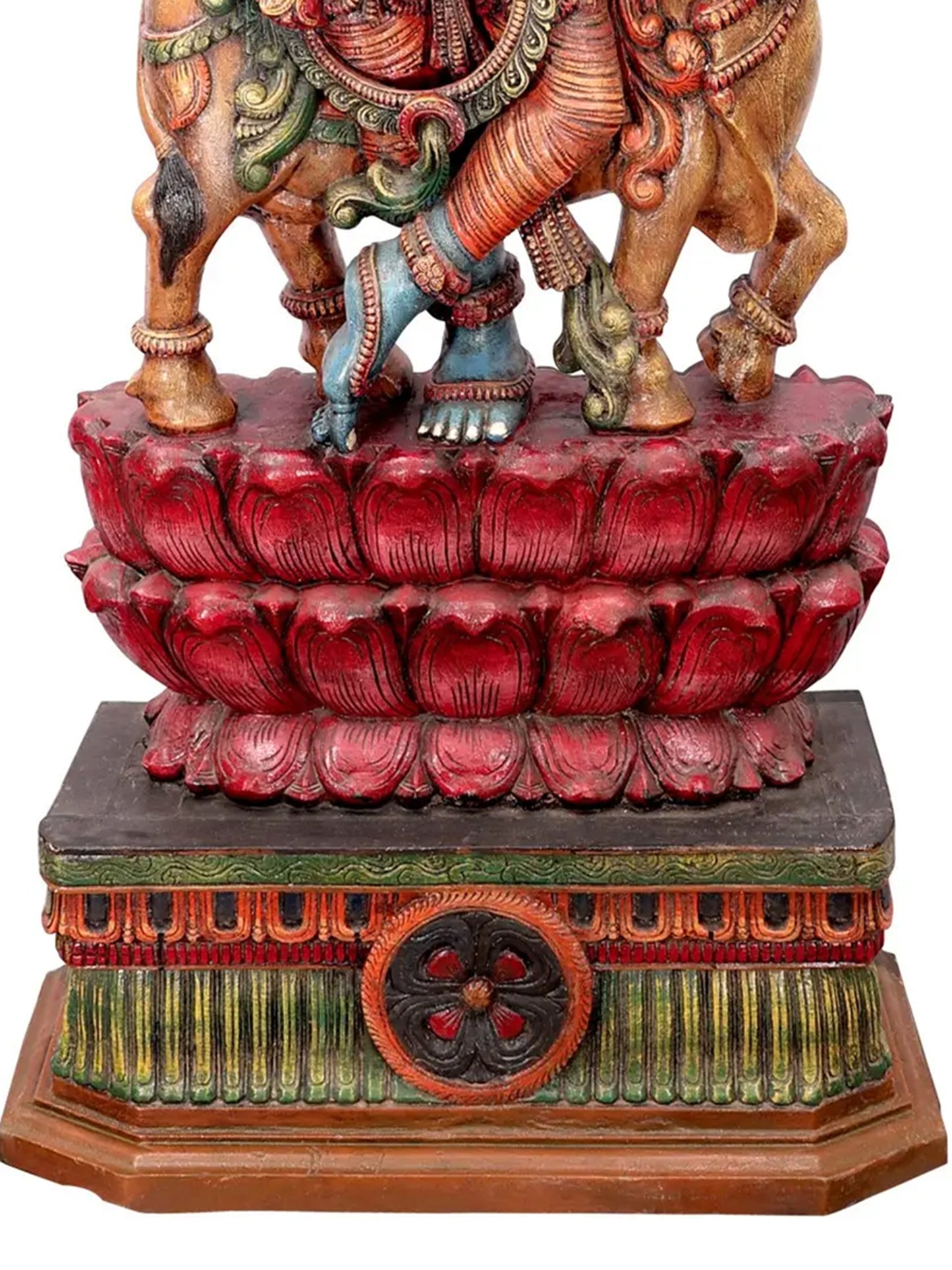 82" Blue-Hued Krishna Charms with His Flute and Cow | Wood Carved Sculpture for Temple