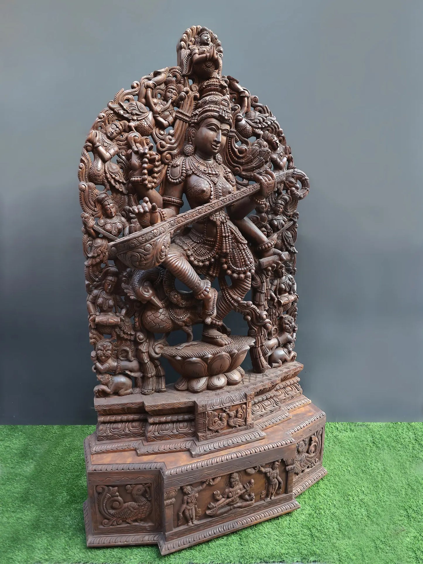 98" Super Large Statue of Goddess Saraswati in Dancing Posture | Wood Carved Sculpture