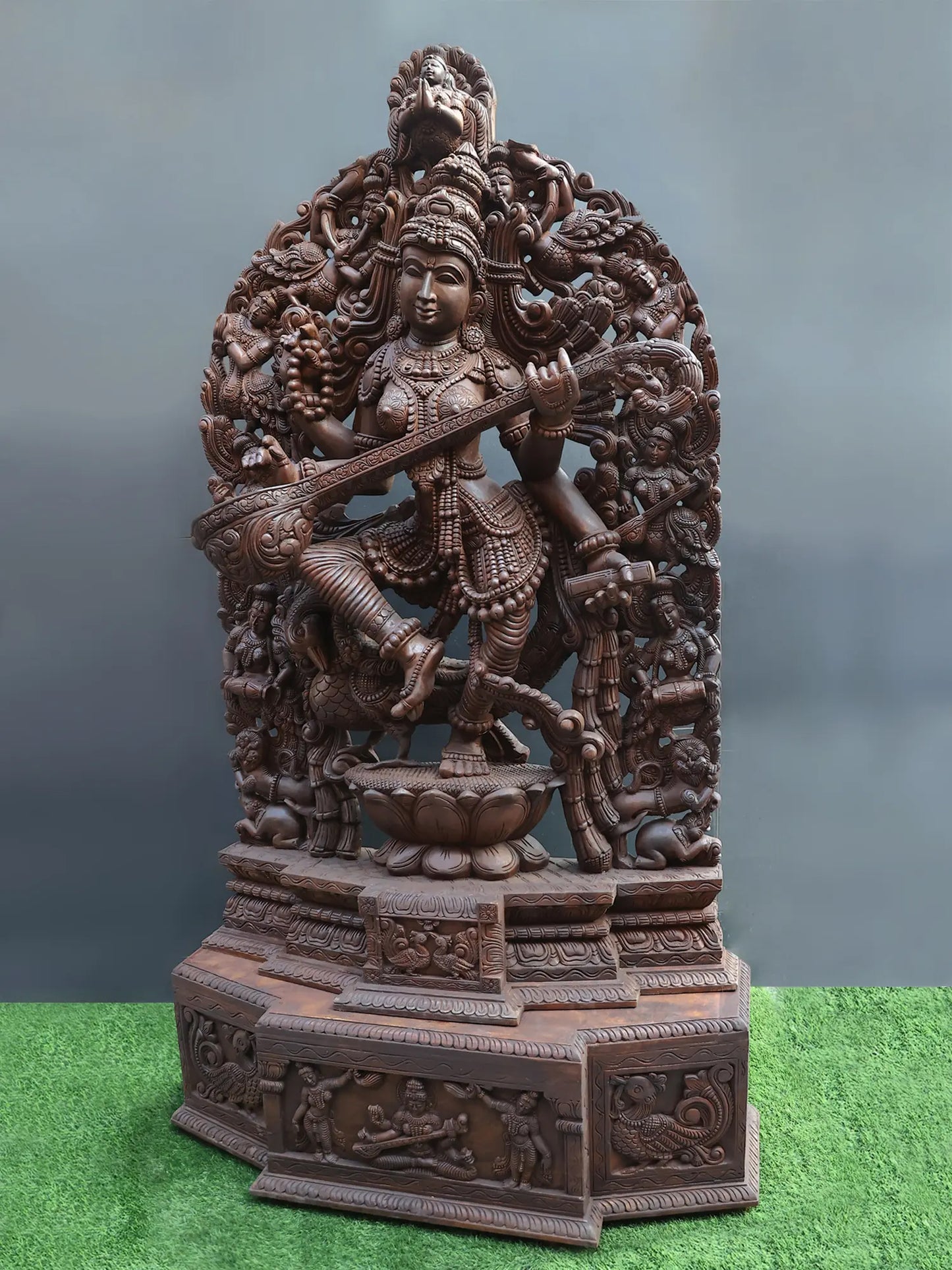 98" Super Large Statue of Goddess Saraswati in Dancing Posture | Wood Carved Sculpture