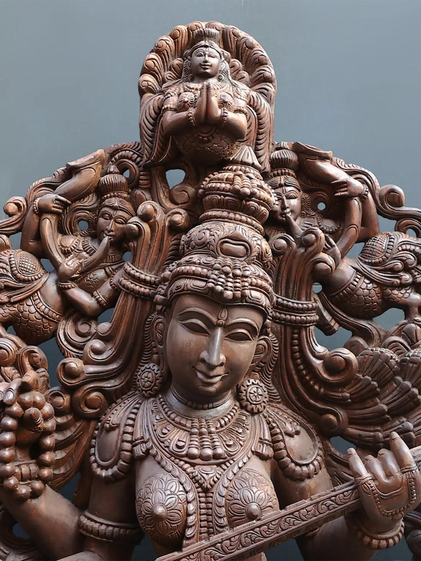 98" Super Large Statue of Goddess Saraswati in Dancing Posture | Wood Carved Sculpture