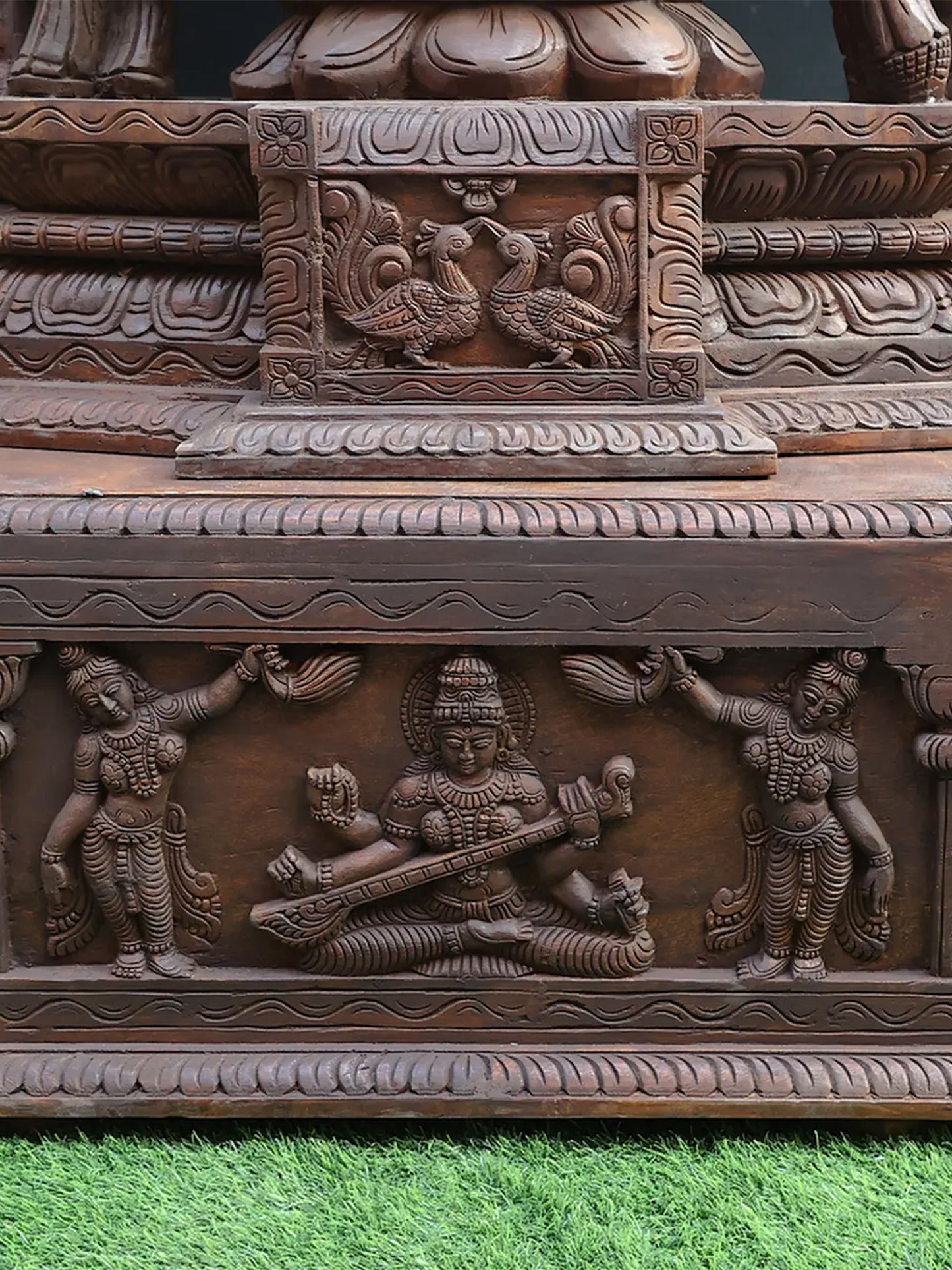 98" Super Large Statue of Goddess Saraswati in Dancing Posture | Wood Carved Sculpture