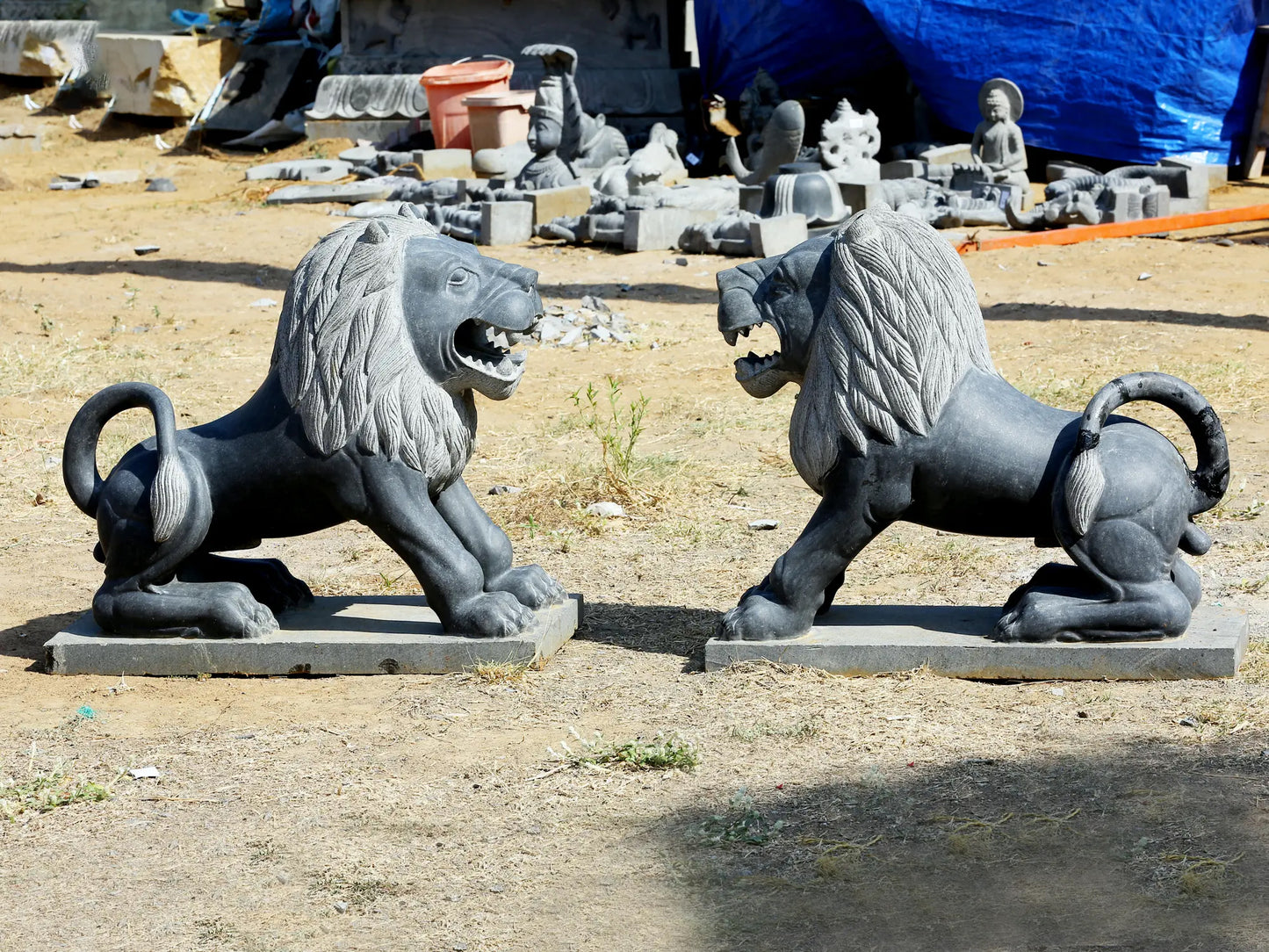 32" Large Lion Pair Statue | Hard Granite Stone Sculpture | (Shipped by Sea Overseas)