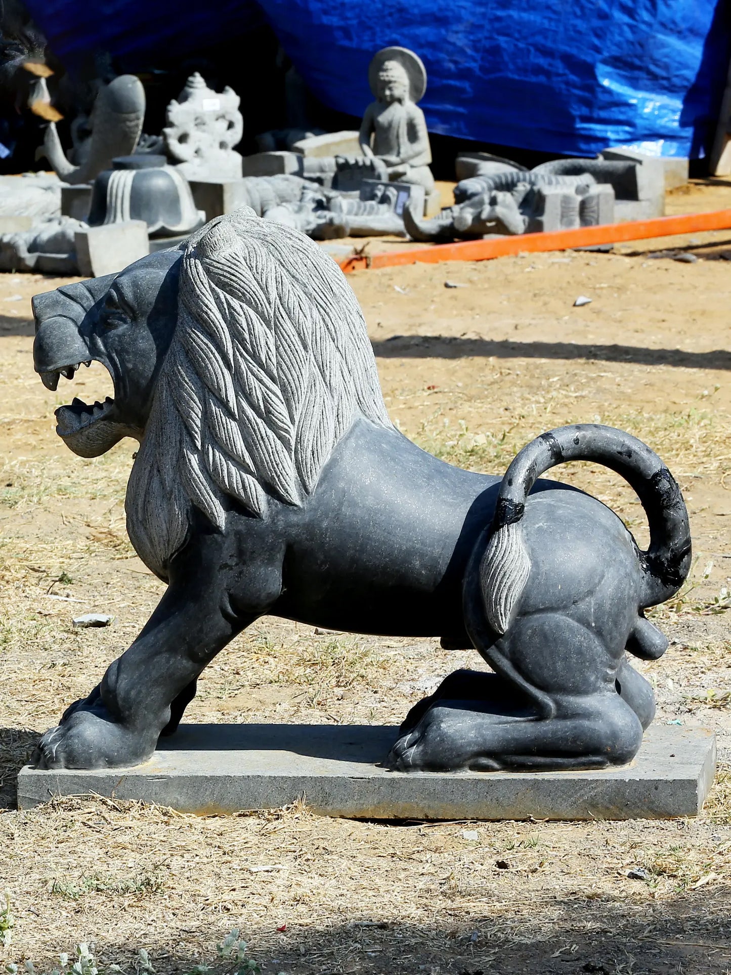 32" Large Lion Pair Statue | Hard Granite Stone Sculpture | (Shipped by Sea Overseas)