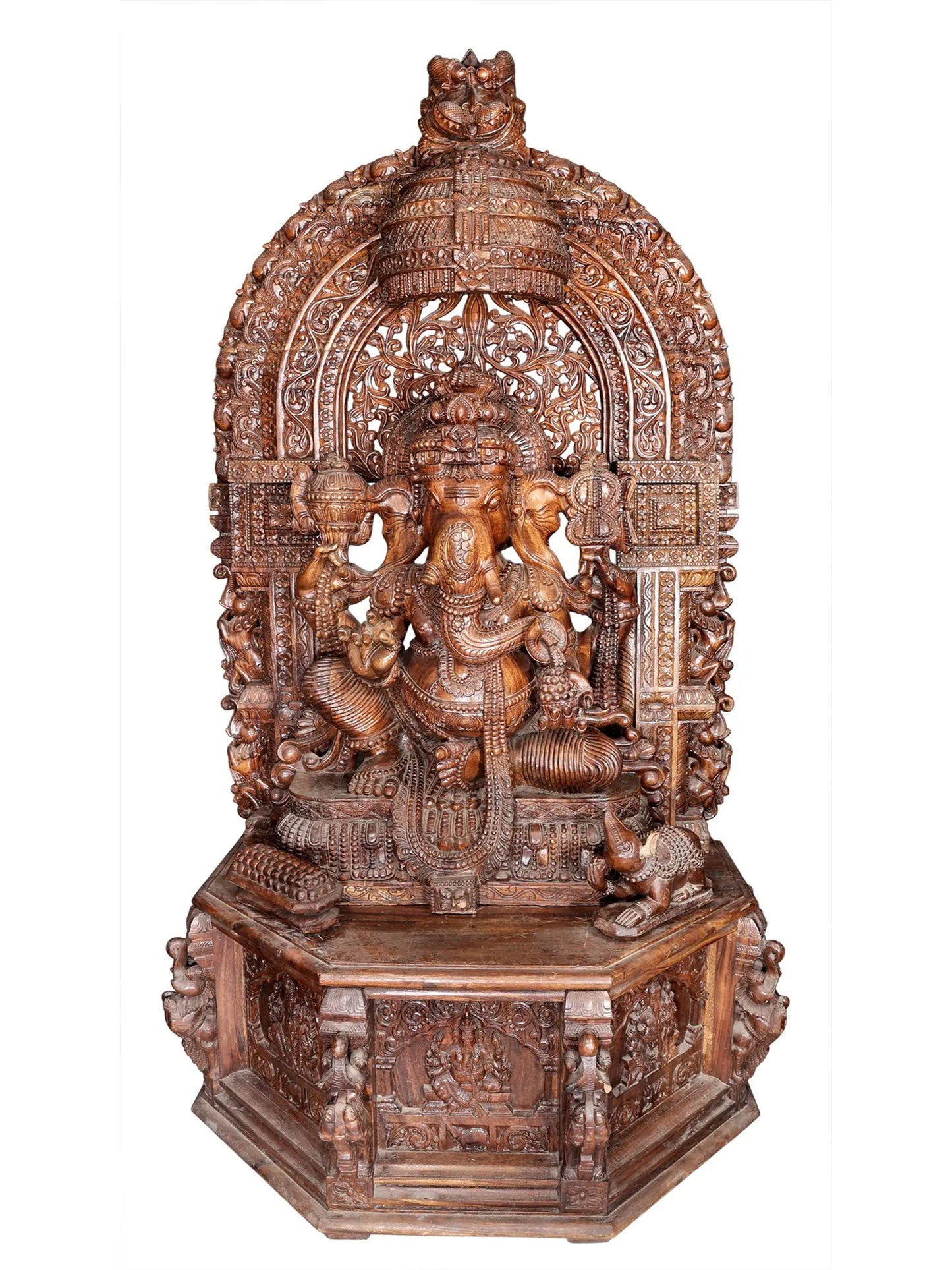 99" Superfine and Super Large Wood Idol of Lord Ganapati with Kirtimukha Throne | Wood Carved Figurine