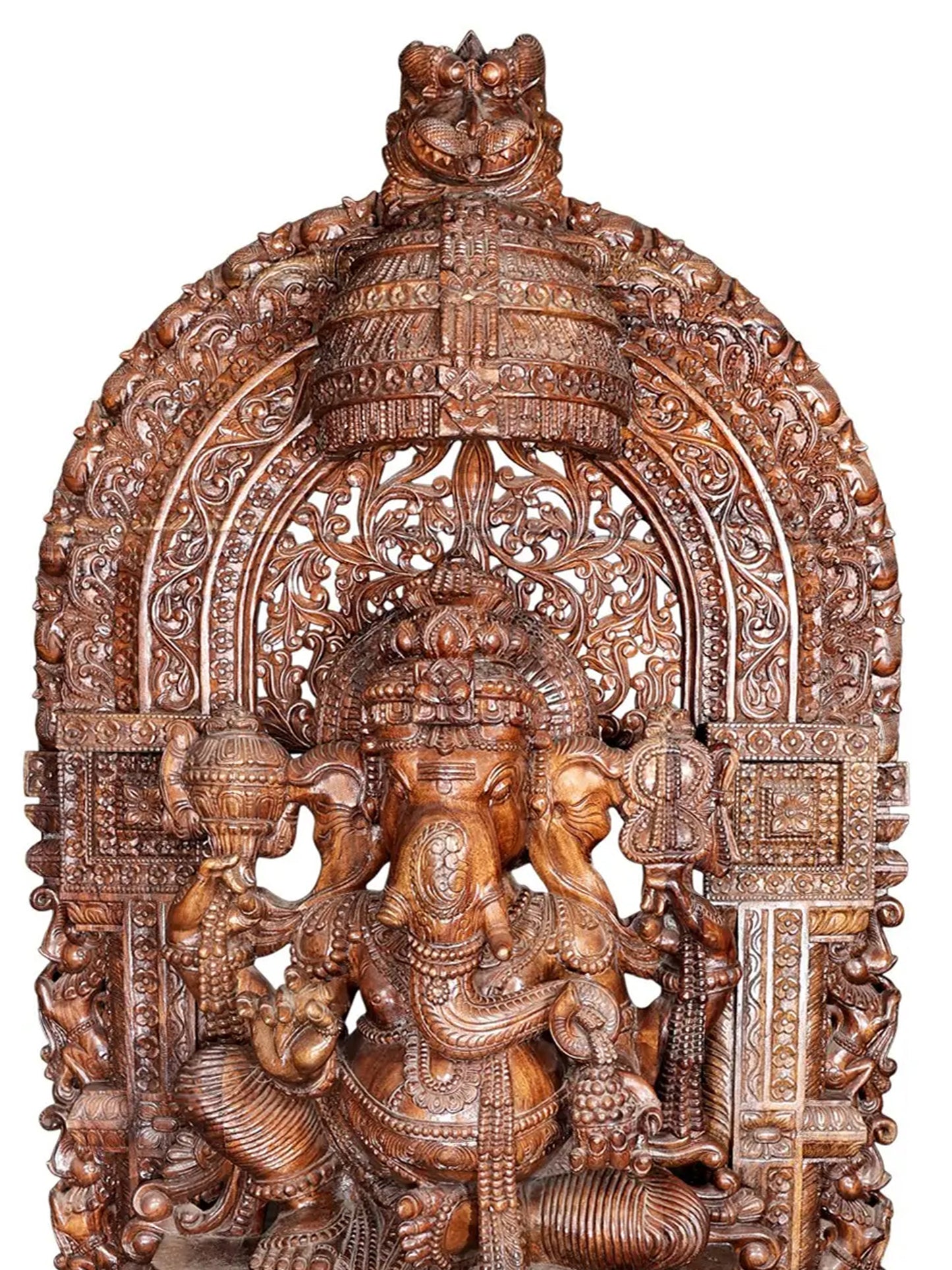 99" Superfine and Super Large Wood Idol of Lord Ganapati with Kirtimukha Throne | Wood Carved Figurine