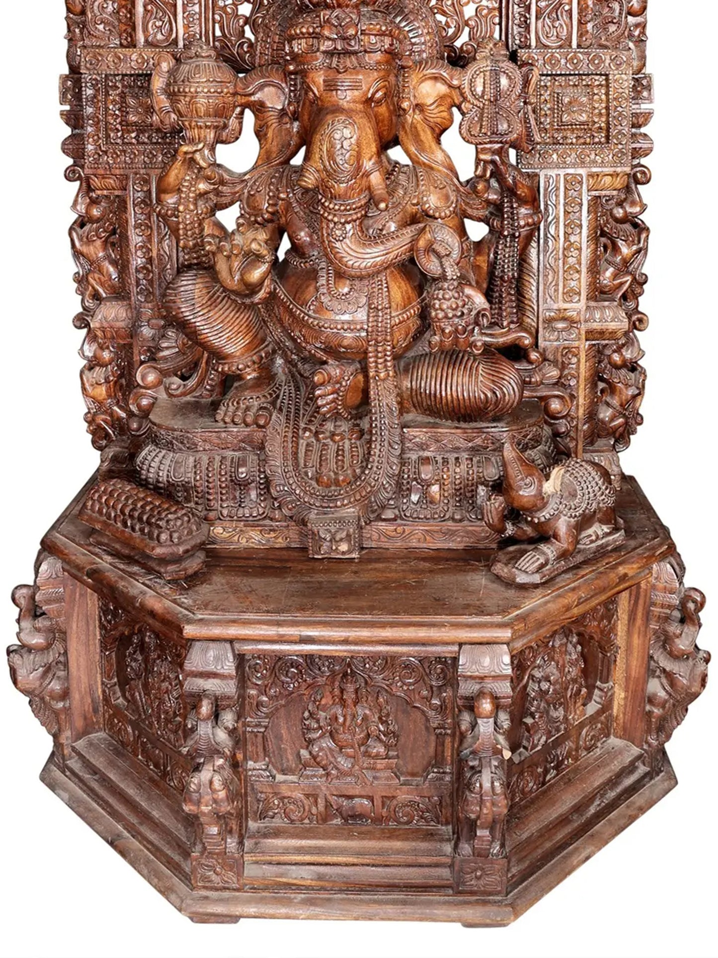 99" Superfine and Super Large Wood Idol of Lord Ganapati with Kirtimukha Throne | Wood Carved Figurine