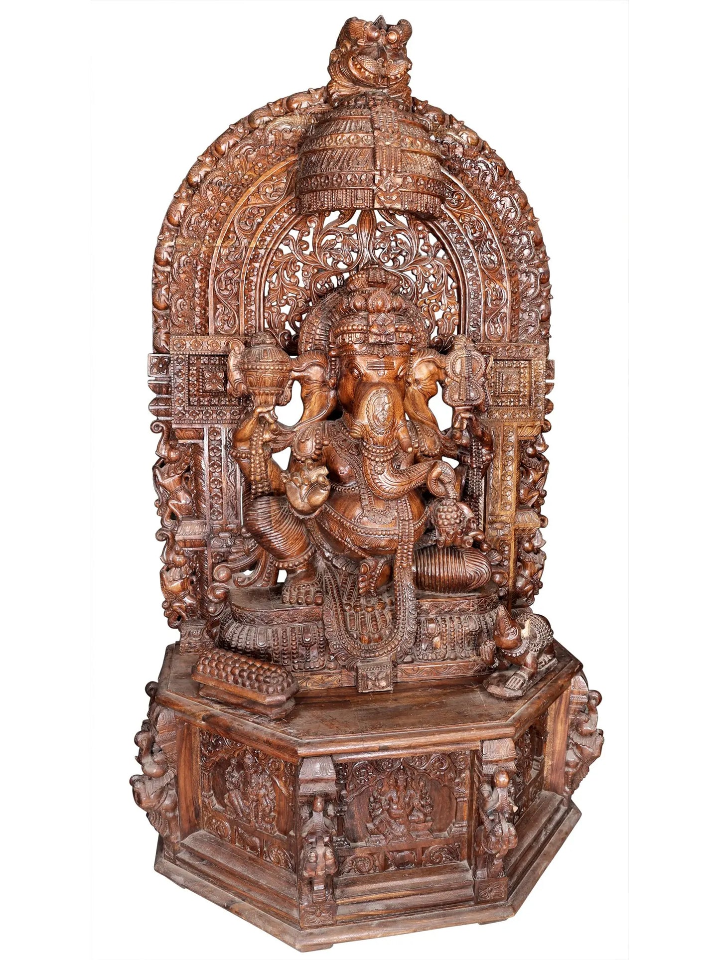 99" Superfine and Super Large Wood Idol of Lord Ganapati with Kirtimukha Throne | Wood Carved Figurine