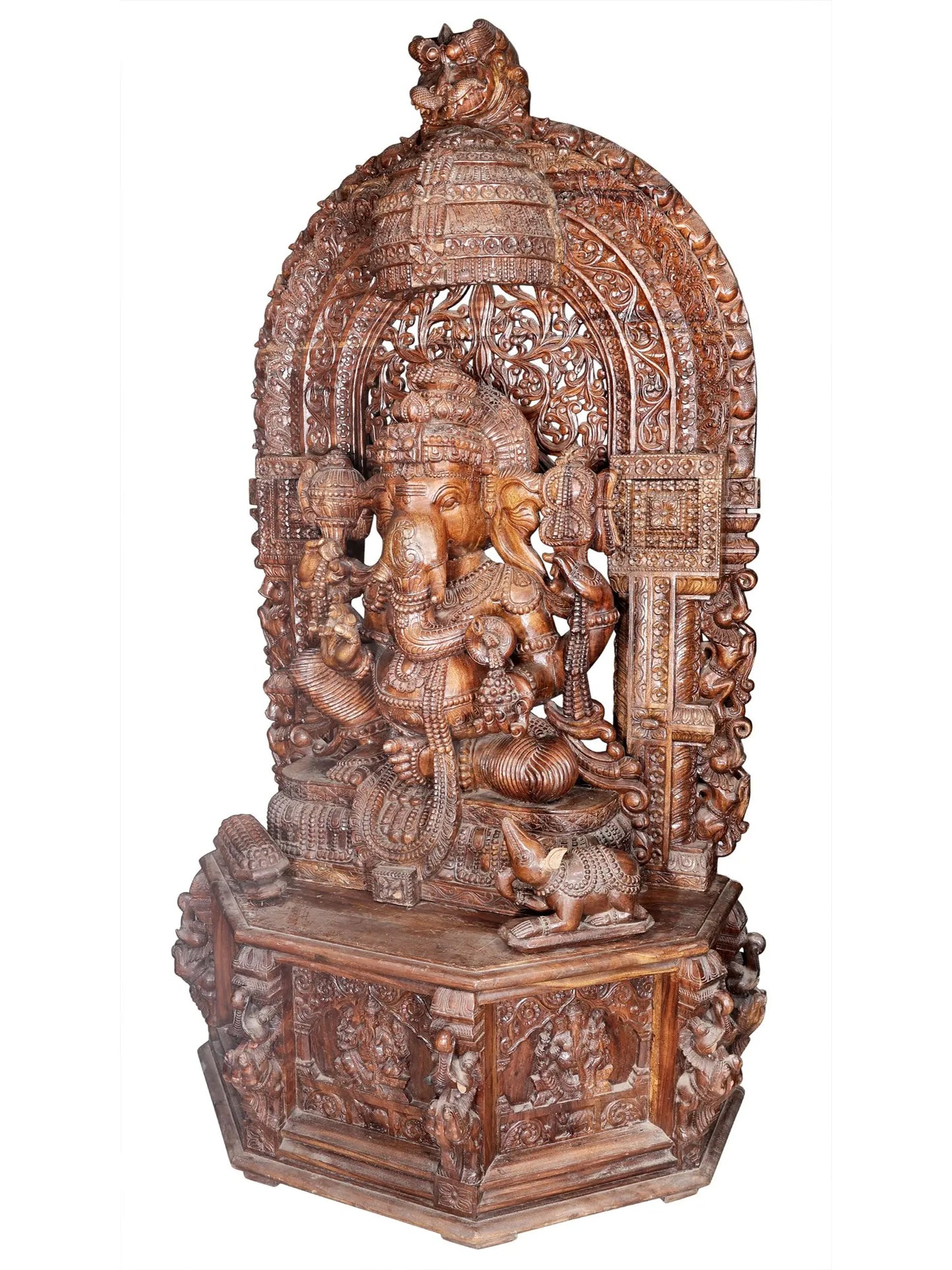 99" Superfine and Super Large Wood Idol of Lord Ganapati with Kirtimukha Throne | Wood Carved Figurine