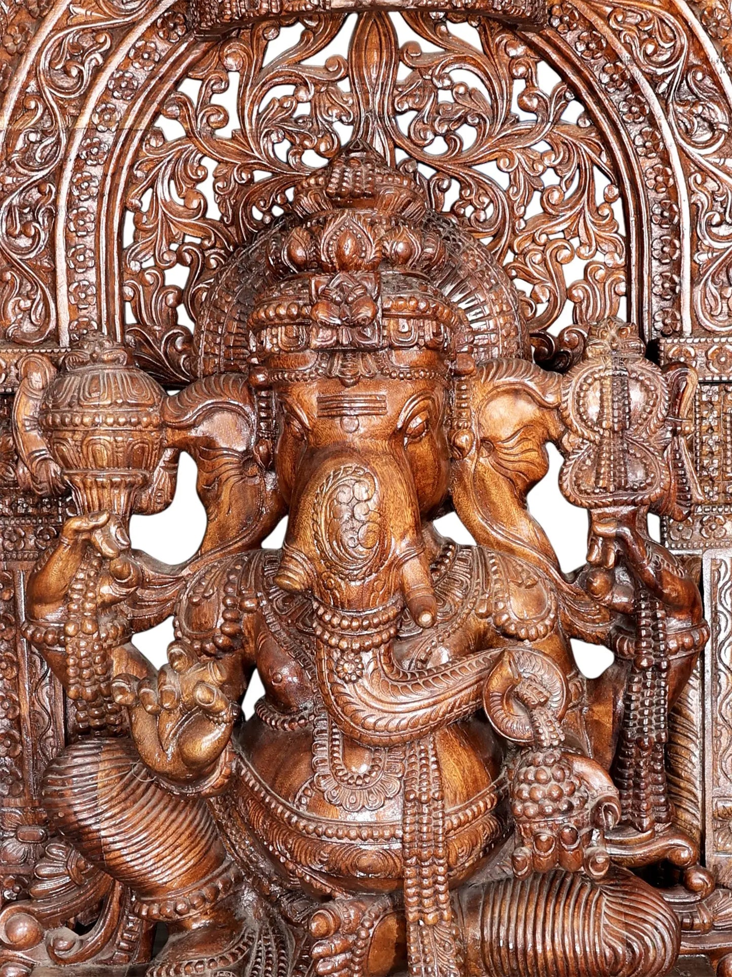 99" Superfine and Super Large Wood Idol of Lord Ganapati with Kirtimukha Throne | Wood Carved Figurine