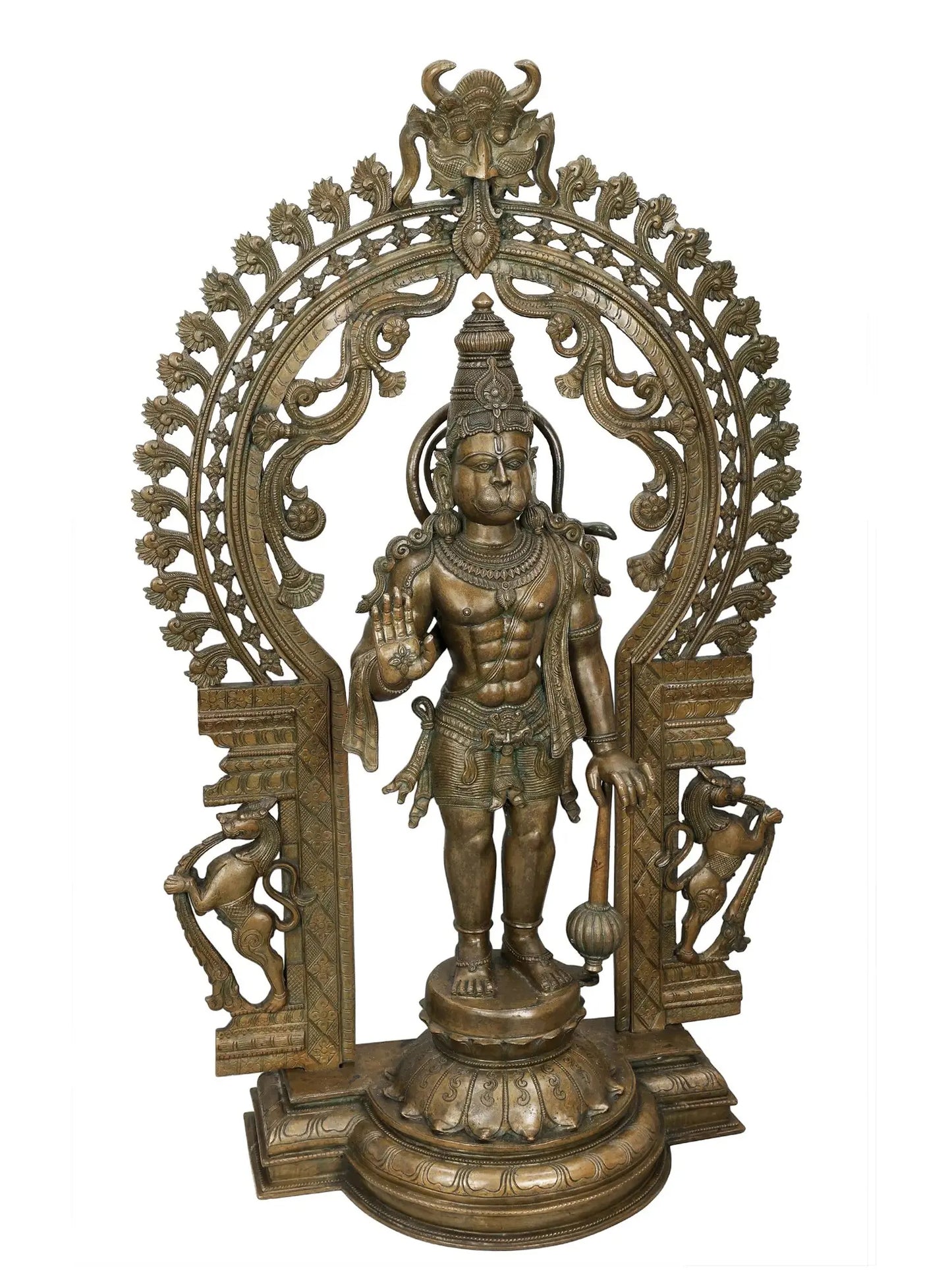 45" Lord Hanuman in Ashirwad Mudra with Kirtimukha Prabhavali | Panchaloha Bronze Statue from Swamimalai