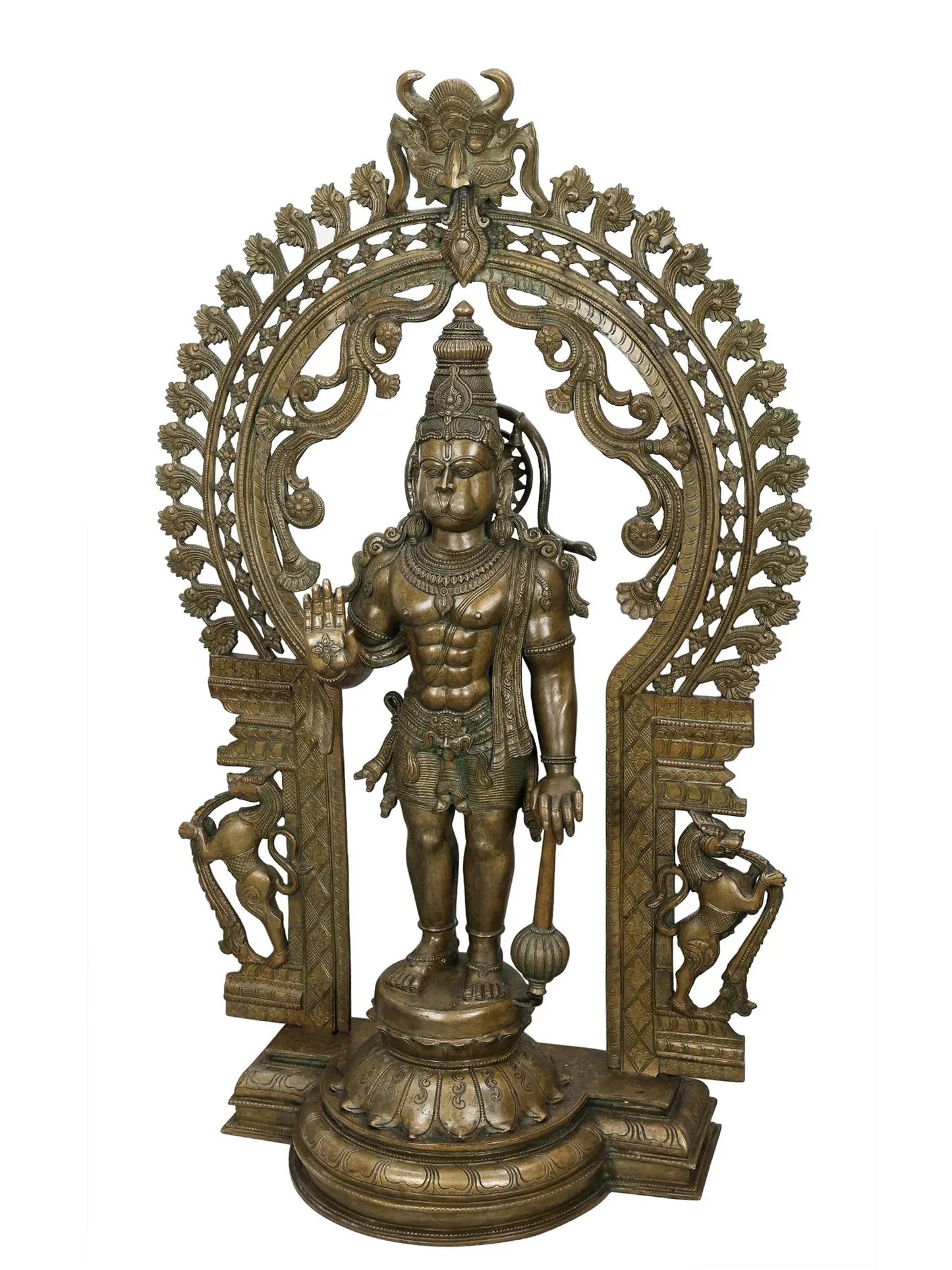 45" Lord Hanuman in Ashirwad Mudra with Kirtimukha Prabhavali | Panchaloha Bronze Statue from Swamimalai