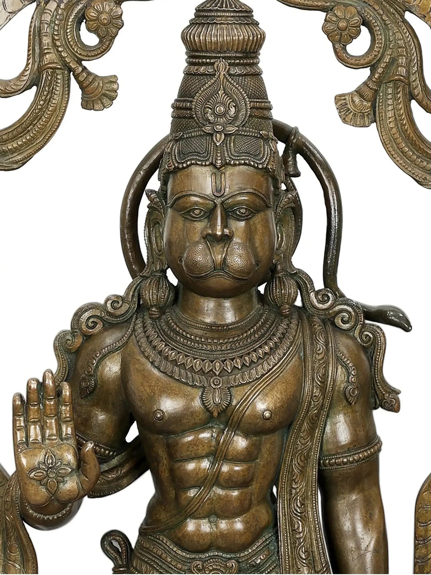 45" Lord Hanuman in Ashirwad Mudra with Kirtimukha Prabhavali | Panchaloha Bronze Statue from Swamimalai
