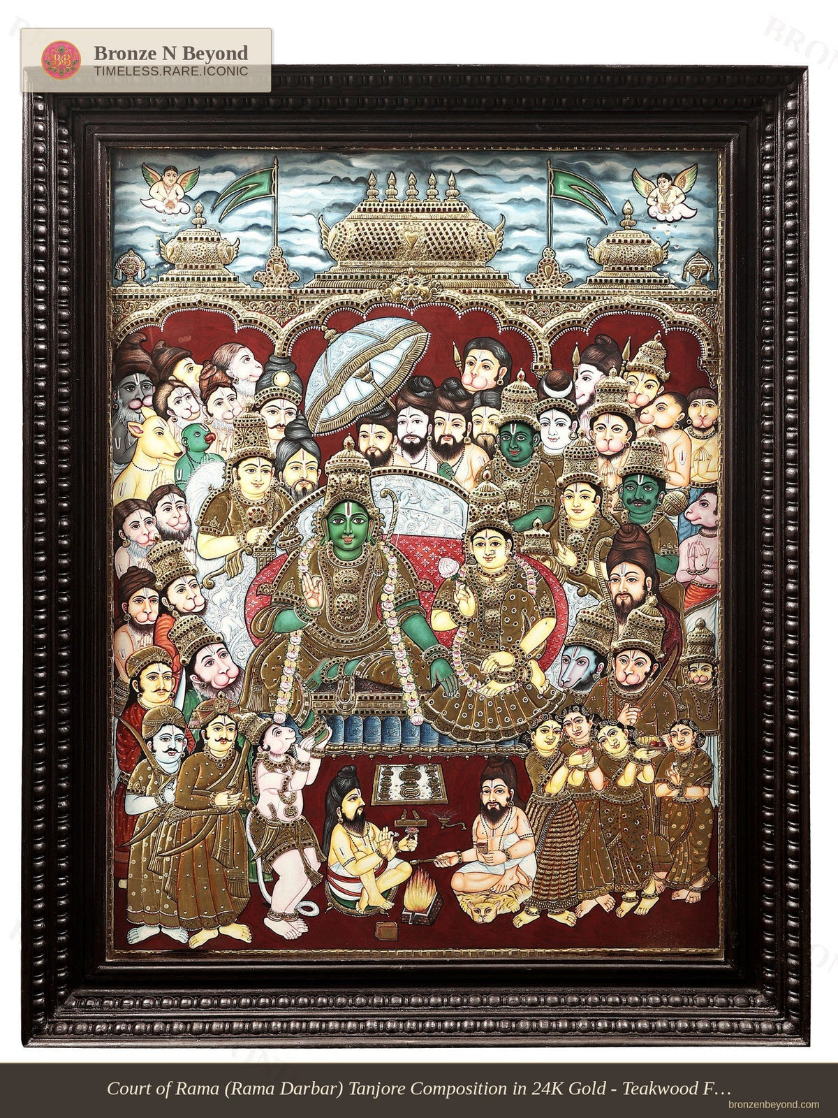 Court of Rama (Rama Darbar) Tanjore Composition in 24K Gold - Teakwood Frame