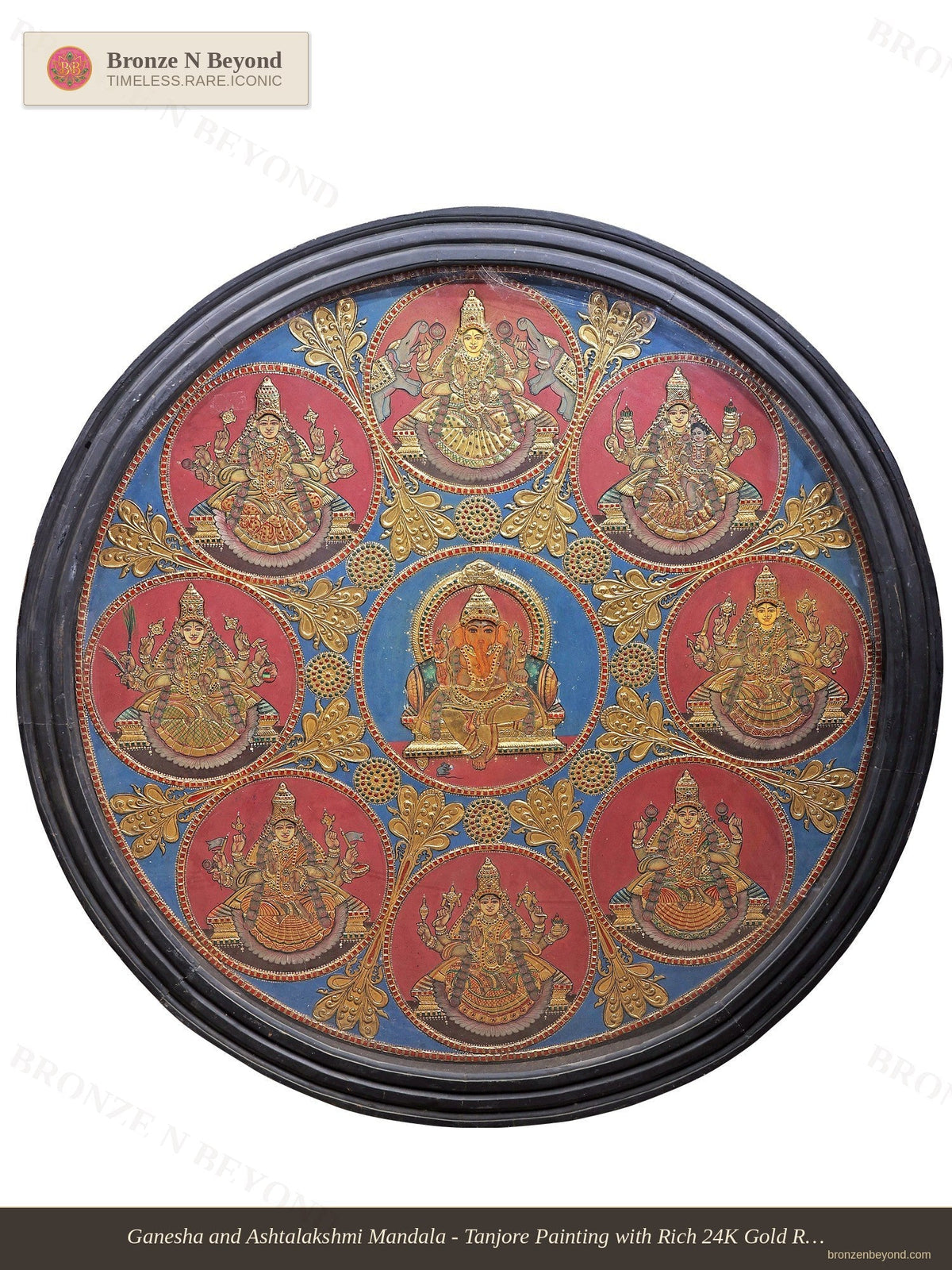 Ganesha and Ashtalakshmi Mandala - Tanjore Painting with Rich 24K Gold Relief