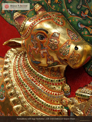 Kamadhenu with Sage Vashishta | 22K Gold Embossed Tanjore Panel