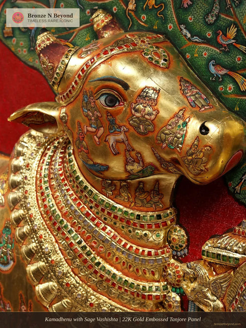 Kamadhenu with Sage Vashishta | 22K Gold Embossed Tanjore Panel