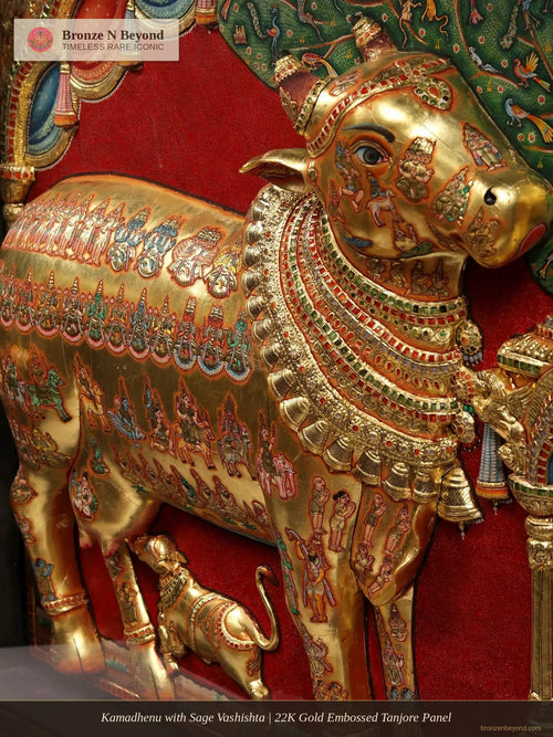 Kamadhenu with Sage Vashishta | 22K Gold Embossed Tanjore Panel