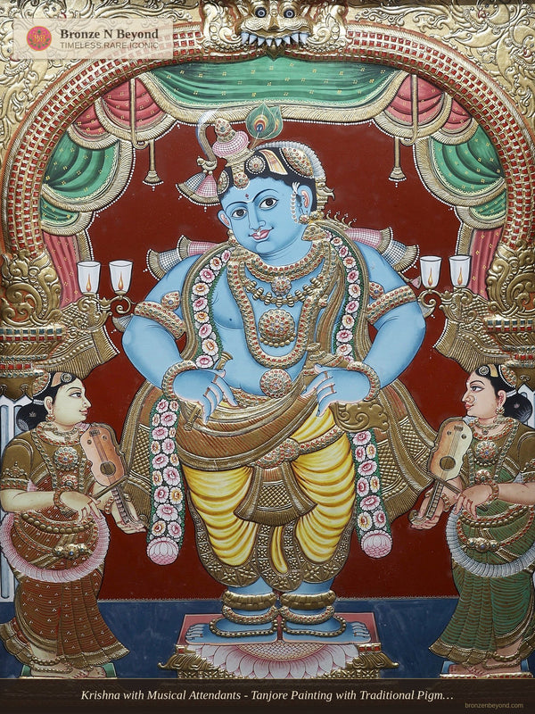 Krishna with Musical Attendants - Tanjore Painting with Traditional Pigments and 24K Gold