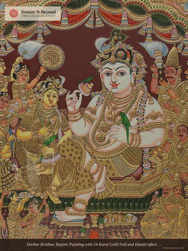 Darbar Krishna Tanjore Painting with 24 Karat Gold Foil and Handcrafted Wood Frame
