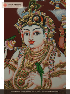 Darbar Krishna Tanjore Painting with 24 Karat Gold Foil and Handcrafted Wood Frame