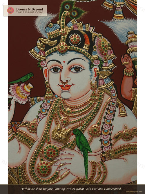 Darbar Krishna Tanjore Painting with 24 Karat Gold Foil and Handcrafted Wood Frame