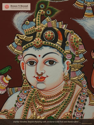 Darbar Krishna Tanjore Painting with 24 Karat Gold Foil and Handcrafted Wood Frame