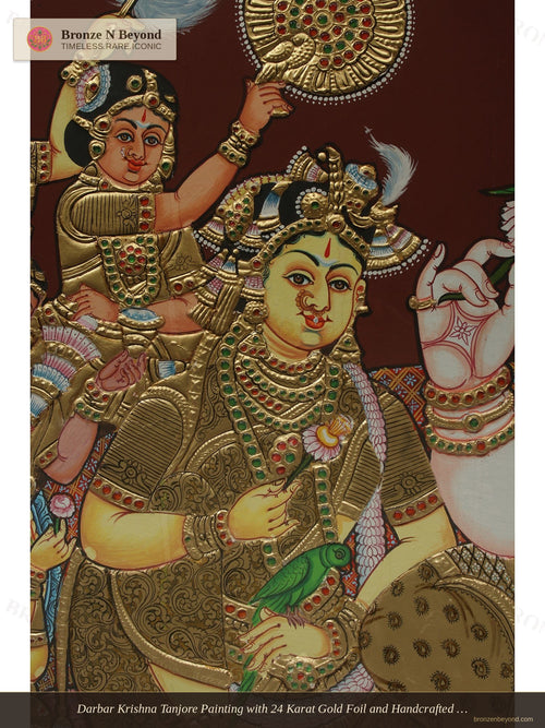 Darbar Krishna Tanjore Painting with 24 Karat Gold Foil and Handcrafted Wood Frame
