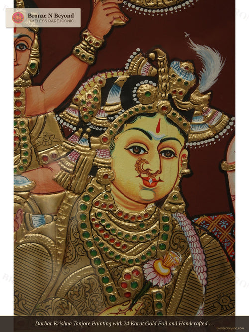 Darbar Krishna Tanjore Painting with 24 Karat Gold Foil and Handcrafted Wood Frame