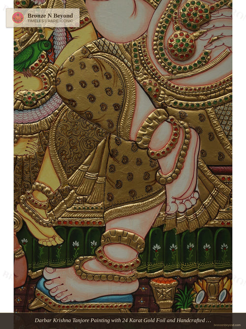 Darbar Krishna Tanjore Painting with 24 Karat Gold Foil and Handcrafted Wood Frame