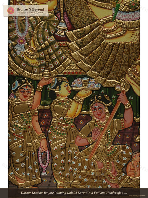 Darbar Krishna Tanjore Painting with 24 Karat Gold Foil and Handcrafted Wood Frame